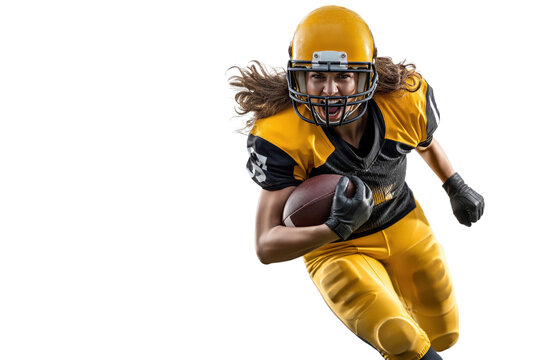 Female american football athlete running with ball