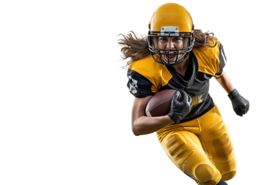 Female american football athlete running with ball