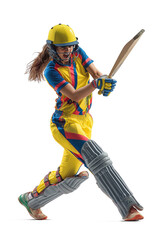 Female cricket batter powerfully hitting a ball