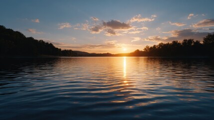 Obraz premium Serene Sunset Over Water with Warm Glow and Delicate Ripples in Nature's Evening Light