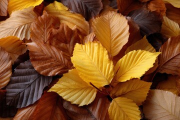 Fototapeta premium A cluster of beech leaves displays a range of autumn hues from brown to yellow showing their textured veins and varying depths