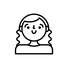 Simple Black Outline Cartoon of a Smiling Young Woman with Wavy Hair and Shoulders Visible on a Transparent Background