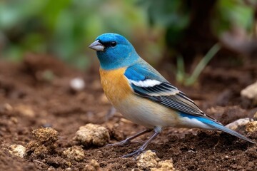 Obraz premium A colorful bird with blue head orange chest stands on dirt ground amid greenery