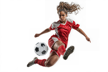 Female soccer player kicking ball mid-air action