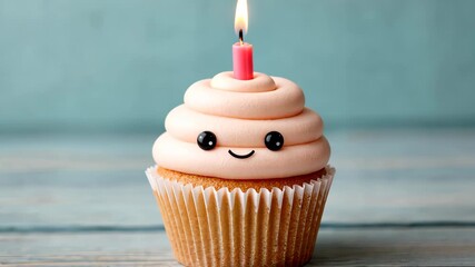 Adorable smiling cupcake celebrates with flickering candle and joyful expression - Powered by Adobe