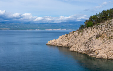 Vrbnik, Croatia - April 20, 2025: Panoramic view of the mountains and sea. Beautiful landscape of mountains, sea, and forest