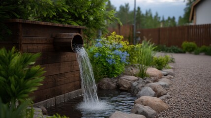 Fototapeta premium Water Cascading from Curved Roof into Natural Garden Pond with Lush Greenery and Flowers
