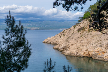 Vrbnik, Croatia - April 20, 2025: Panoramic view of the mountains and sea. Beautiful landscape of mountains, sea, and forest