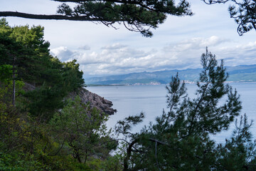 Vrbnik, Croatia - April 20, 2025: Panoramic view of the mountains and sea. Beautiful landscape of mountains, sea, and forest