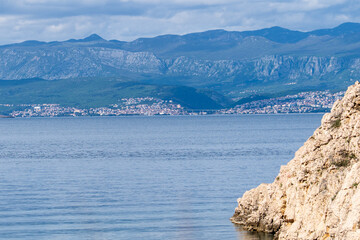 Vrbnik, Croatia - April 20, 2025: Panoramic view of the mountains and sea. Beautiful landscape of mountains, sea, and forest