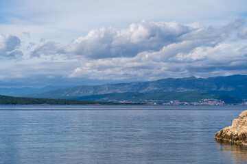 Vrbnik, Croatia - April 20, 2025: Panoramic view of the mountains and sea. Beautiful landscape of mountains, sea, and forest