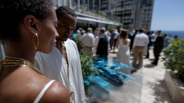 A sophisticated social event where a man and woman engage in conversation amidst a group, enhanced by a vivid holographic digital interface showcasing technology and innovation.