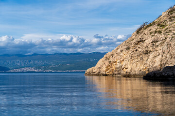 Vrbnik, Croatia - April 20, 2025: Panoramic view of the mountains and sea. Beautiful landscape of mountains, sea, and forest