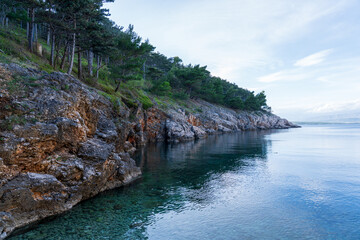 Vrbnik, Croatia - April 20, 2025: Panoramic view of the mountains and sea. Beautiful landscape of mountains, sea, and forest