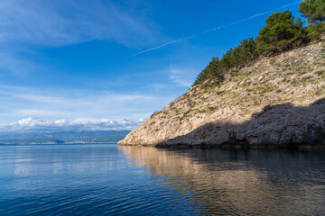Vrbnik, Croatia - April 20, 2025: Panoramic view of the mountains and sea. Beautiful landscape of mountains, sea, and forest