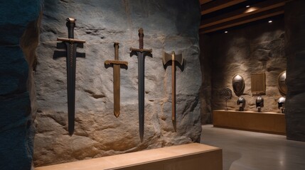 Medieval Weapons Exhibit Featuring Swords and Helmets in a Historical Display