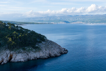 Vrbnik, Croatia - April 20, 2025: Panoramic view of the mountains and sea. Beautiful landscape of mountains, sea, and forest