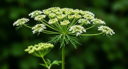 A close-up view of a hemlock flower showcasing its delicate white umbels made up of tiny clustered blossoms. The intricate floral pattern and soft green stems create a natural and botanical aesthetic.