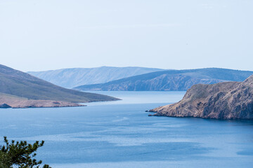 Prvić Island and Sveti Grgur, Croatia - April 20, 2025: Panoramic view of the mountains and sea.