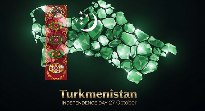 Turkmenistan Independence Day: Geometric Flag with Emeralds and Traditional Carpet Design - Powered by Adobe