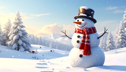 Fototapeta premium A cheerful snowman stands in a snowy mountain landscape, enjoying the winter wonderland's peaceful beauty.