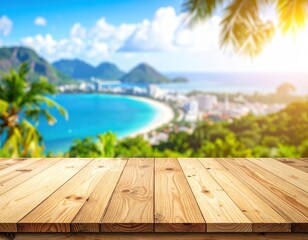Fototapeta premium Wooden Tabletop with Tropical Landscape Background Ocean View and Sunny Day