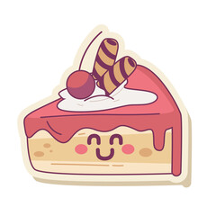 Cartoon Slice Of Cake with Cherry Whipped Cream and Smiling Face on Transparent Background