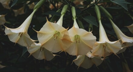 A cluster of angel’s trumpet flowers with their signature trumpet-shaped blooms hanging gracefully. The delicate petals and lush green leaves create an elegant and natural floral display.