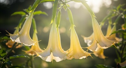 A cluster of angel’s trumpet flowers with their signature trumpet-shaped blooms hanging gracefully. The delicate petals and lush green leaves create an elegant and natural floral display.