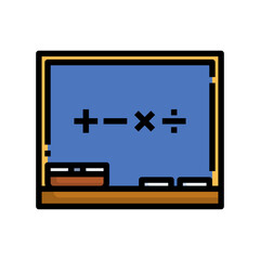Simple Cartoon Style Icon of a Blue Chalkboard with Math Symbols Plus Minus Multiply Divide and Eraser on Transparent Background