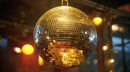 Golden disco ball hanging in a dimly lit space