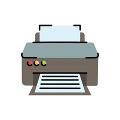 Simple Flat Icon of a Gray Printer with Colorful Indicator Lights and Paper Output on a Transparent Background