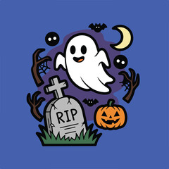 A cartoon image of a ghost, tombstone with 'RIP', a pumpkin, bats, and crescent moon against a blue background, creating a Halloween scene.