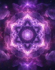 A mesmerizing, symmetrical mandala design, radiating with vibrant violet and purple hues, set against a backdrop of star-strewn space, showcasing intricate patterns and ethereal light effects.