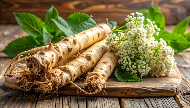 Close Up of Fresh Burdock Roots with Herbs.