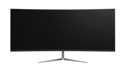 Curved widescreen computer monitor with blank screen, isolated on transparent background