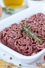 Raw vegan minced meat with rosemary. Close-up. Healthy organic plant-based alternative.