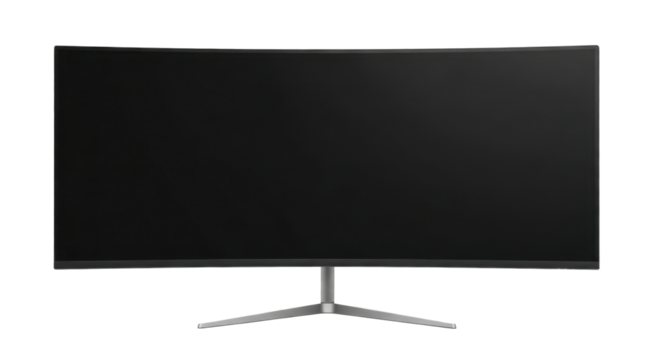 Curved widescreen computer monitor with blank screen, isolated on transparent background