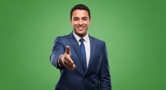 Indian man in suit extending hand for handshake looking at camera. Business concept isolated on green screen background. - Powered by Adobe