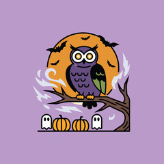 An illustration of a purple owl on a tree branch against an orange moon with bats, above pumpkins and ghosts, on a lavender background.