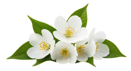 Fototapeta premium White Jasmine Flowers And Green Leaves Isolated On Black