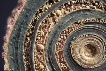 Fototapeta premium A captivating abstract close-up showcases an intriguing natural texture, resembling an intricate cross-section of an organic material. Concentric layers of muted grey-blue and sandy gold are intersper