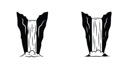 Black and white illustration of two mountain waterfalls with rocky formations