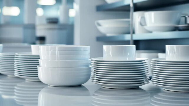 Seamless transition of white dinnerware stack on reflective surface in modern kitchen environment