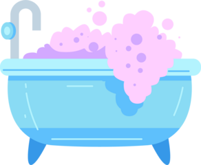 Cartoon Bathtub Filled With Pink Bubbles Over Transparent Background