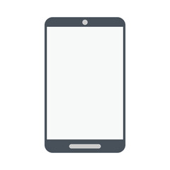 Simple dark grey smartphone with large blank white screen and small speaker at top center and home button bar at bottom center isolated on white background flat design illustration