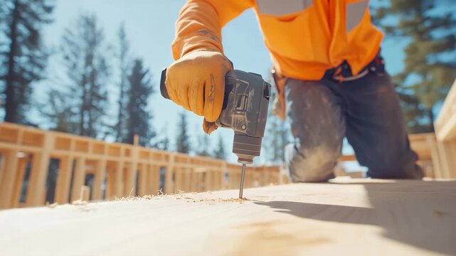 Carpenter drilling wood on sunny day in forested construction site