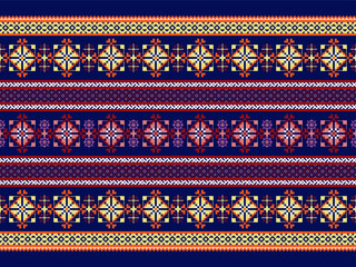 Deep Navy Tribal Stripe Pattern with Bright Accents – Bold Pixel Geometric Textile Design