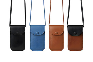 Four small leather and denim pouches with straps isolated on transparent background