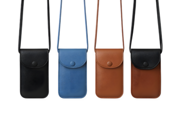 Four small leather and denim pouches with straps isolated on transparent background